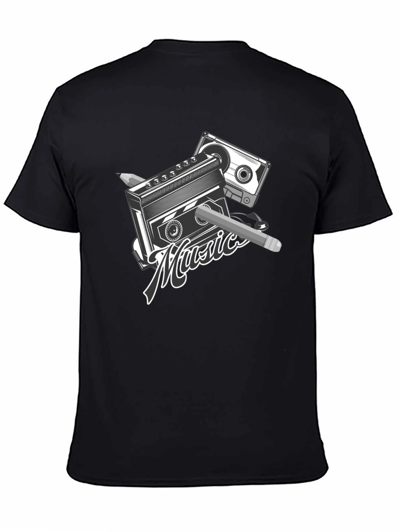 Retro Music T-Shirt - Cassette & Pencil Design