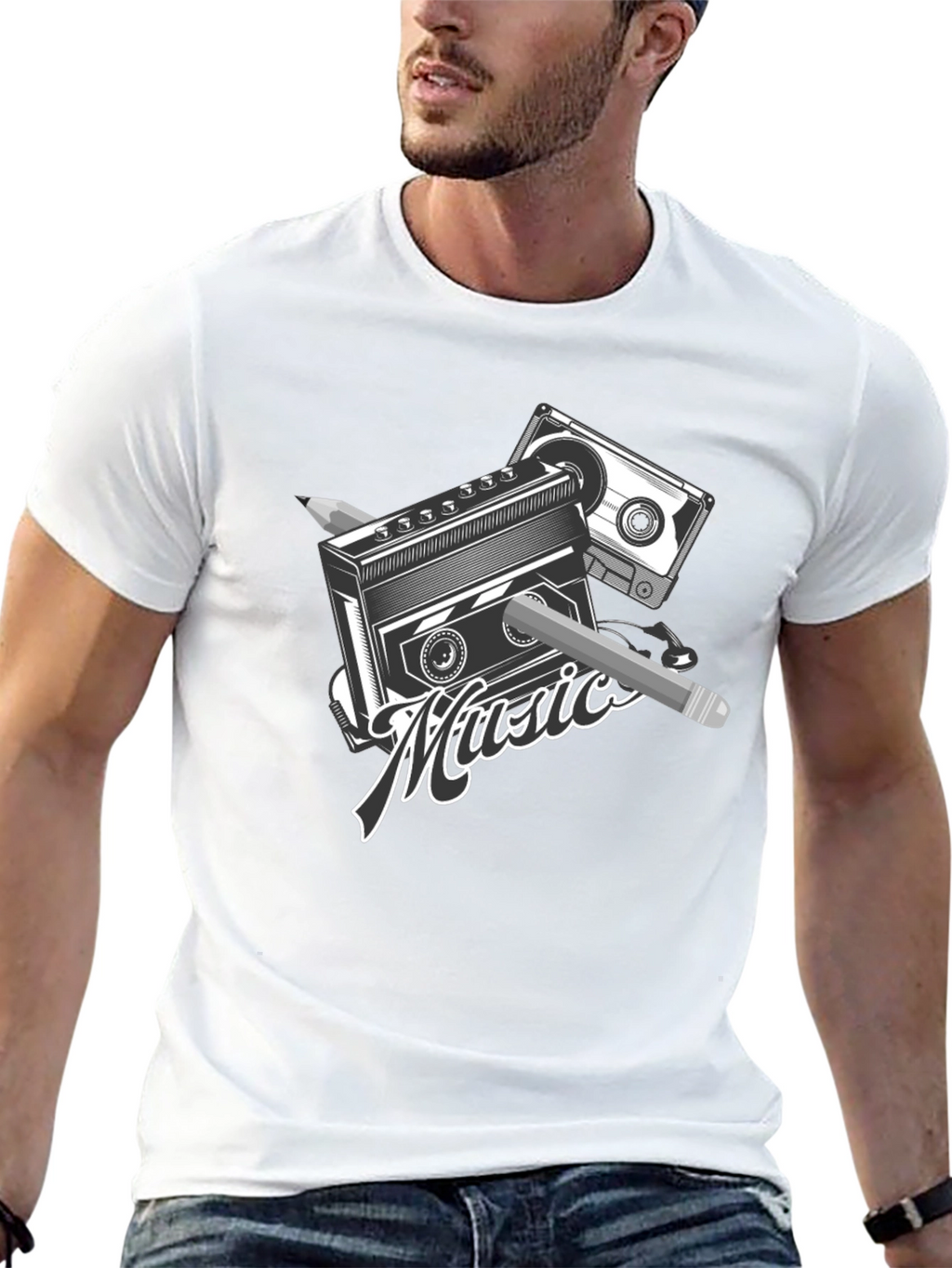 Retro Music T-Shirt - Cassette & Pencil Design