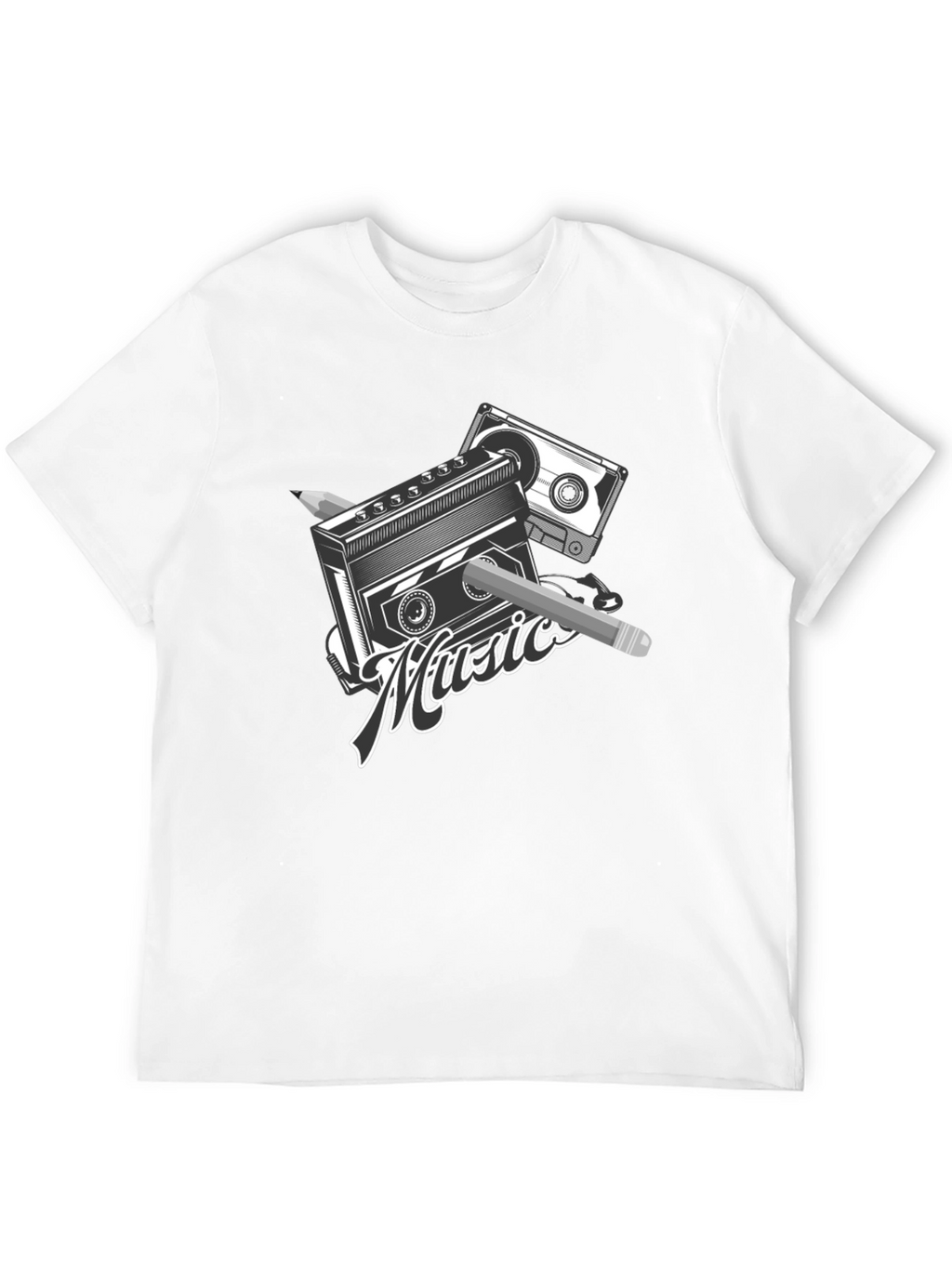 Retro Music T-Shirt - Cassette & Pencil Design
