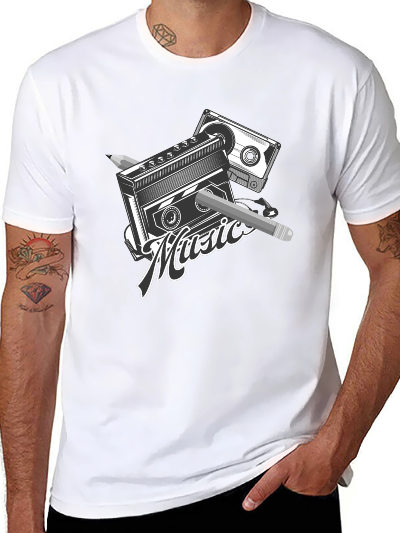 Retro Music T-Shirt - Cassette & Pencil Design