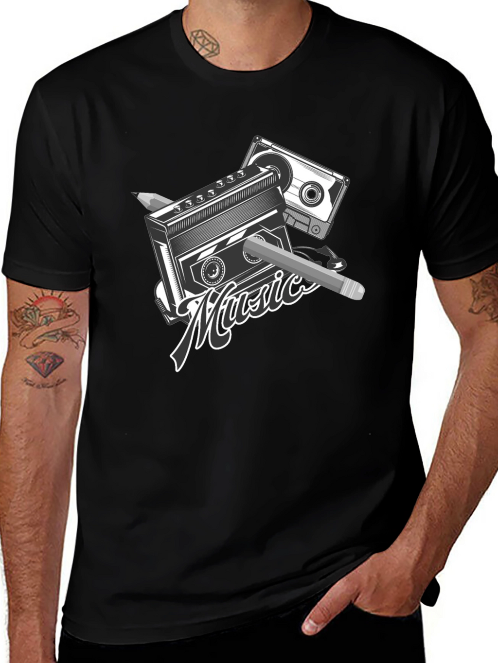 Retro Music T-Shirt - Cassette & Pencil Design