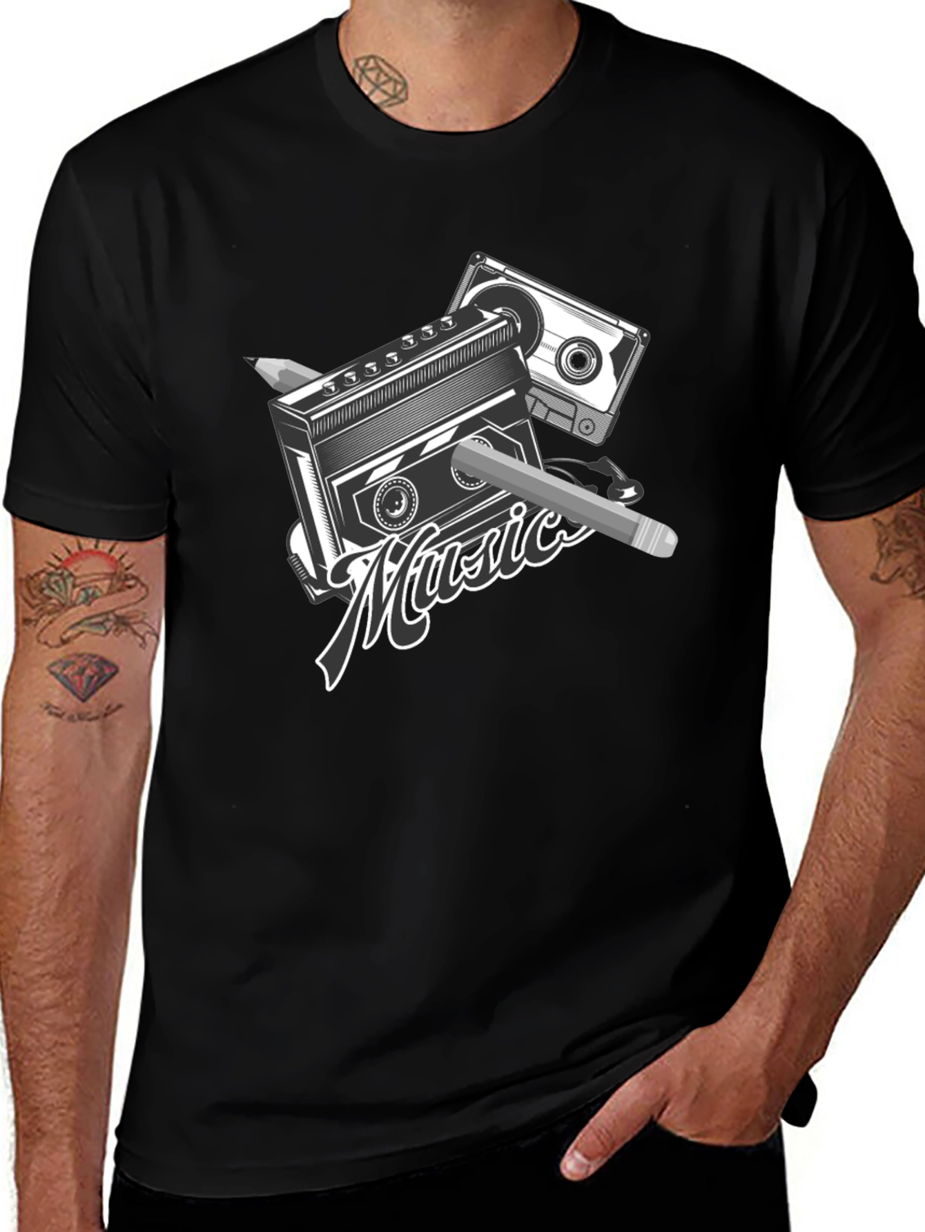 Retro Music T-Shirt - Cassette & Pencil Design