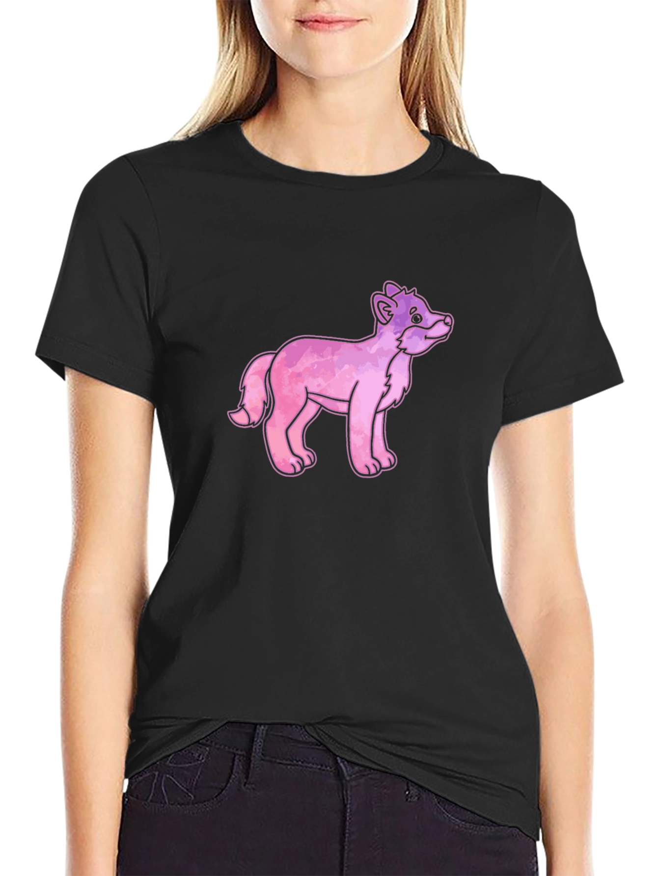 Cartoon Fox Graphic Tee - Black Cotton T-Shirt