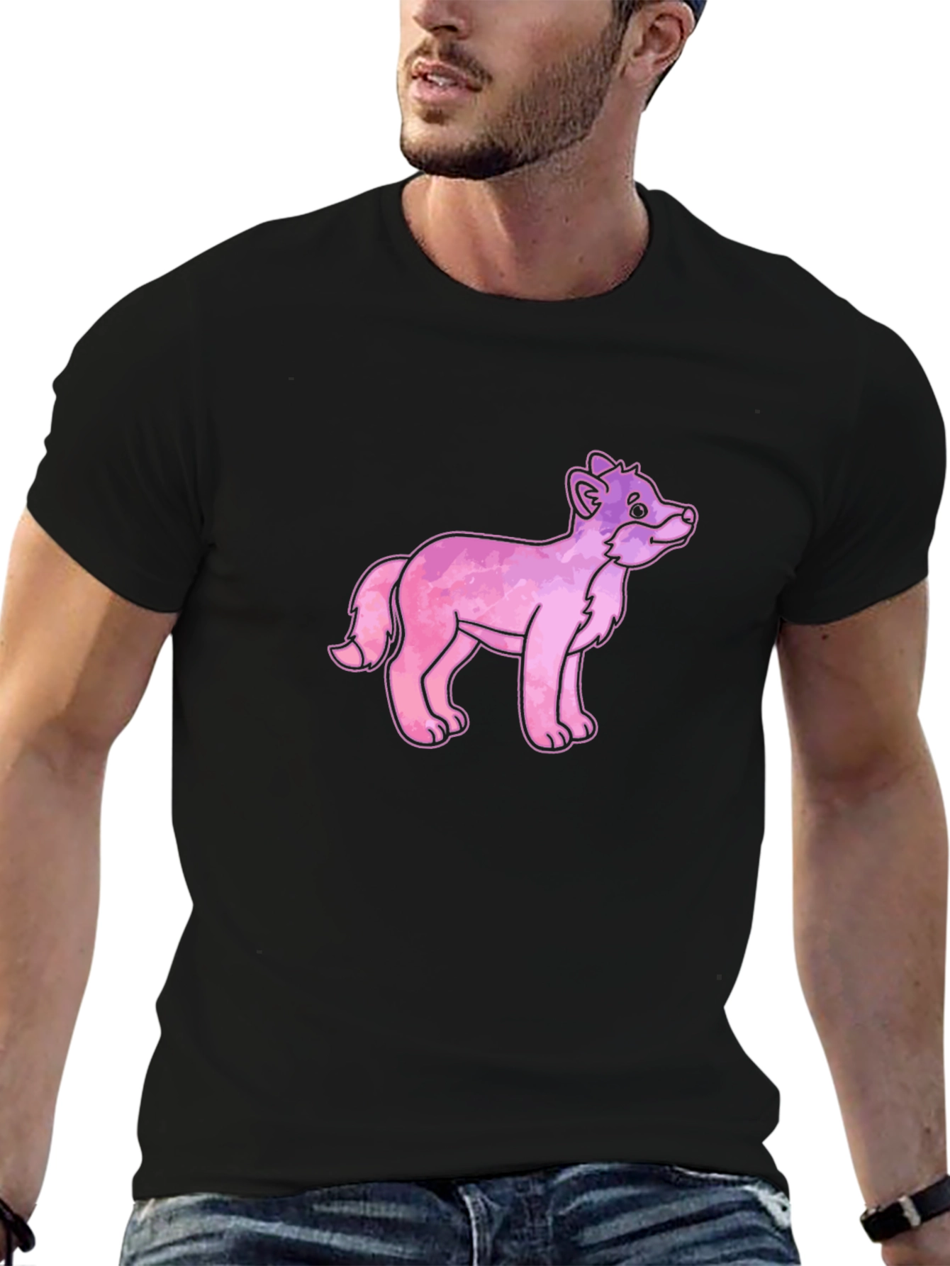 Cartoon Fox Graphic Tee - Black Cotton T-Shirt