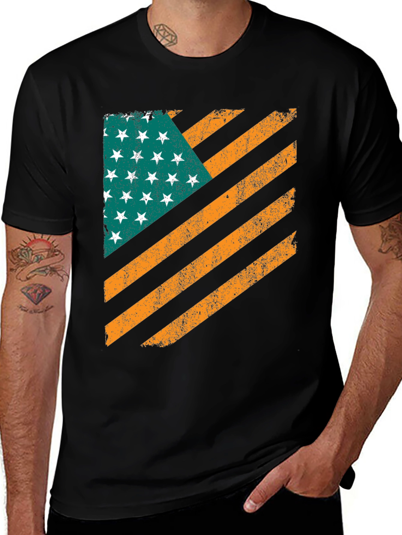 Distressed American Flag Graphic Black T-Shirt