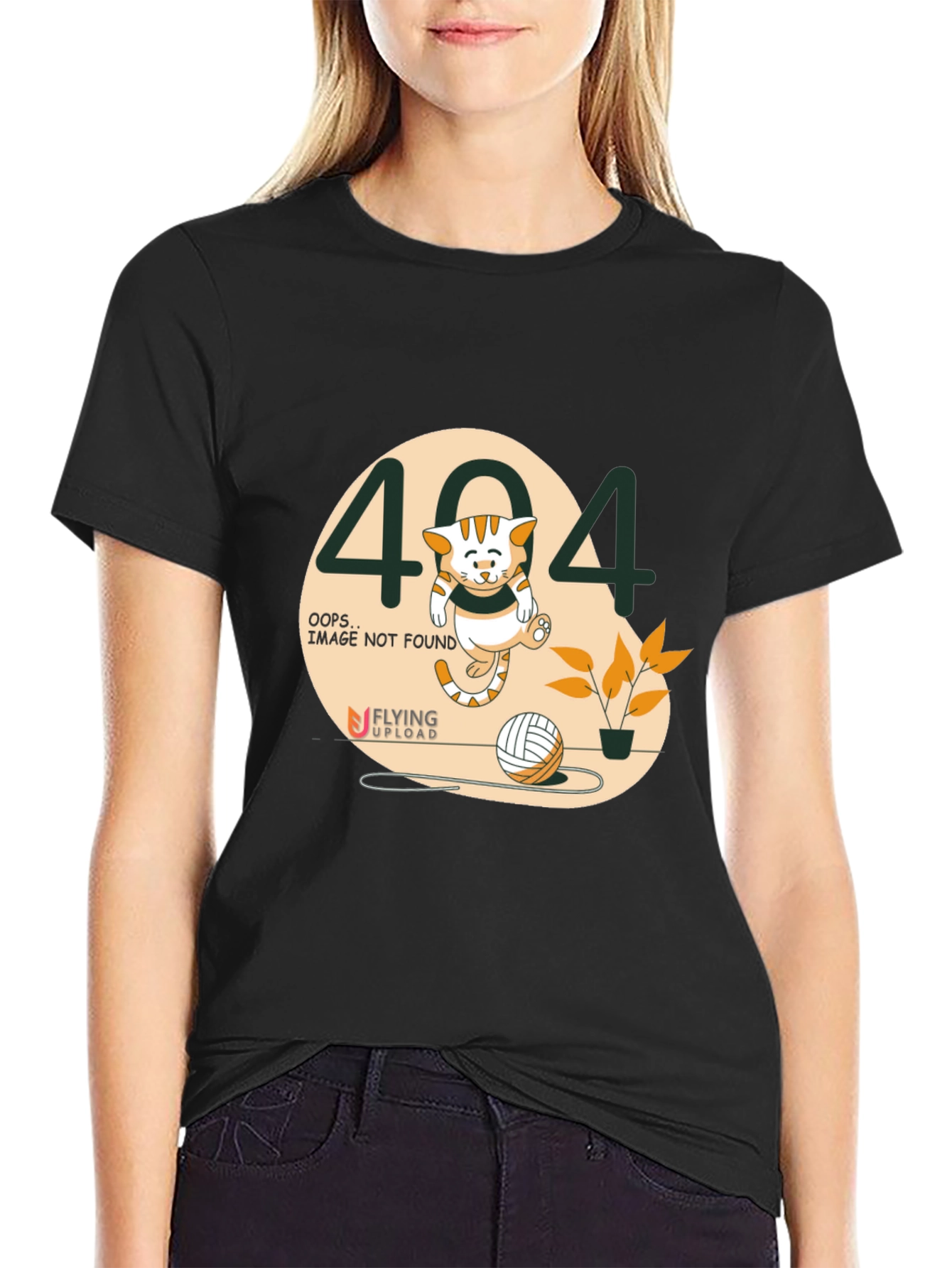 404 Error Cat Graphic Tee - Black Cotton T-Shirt