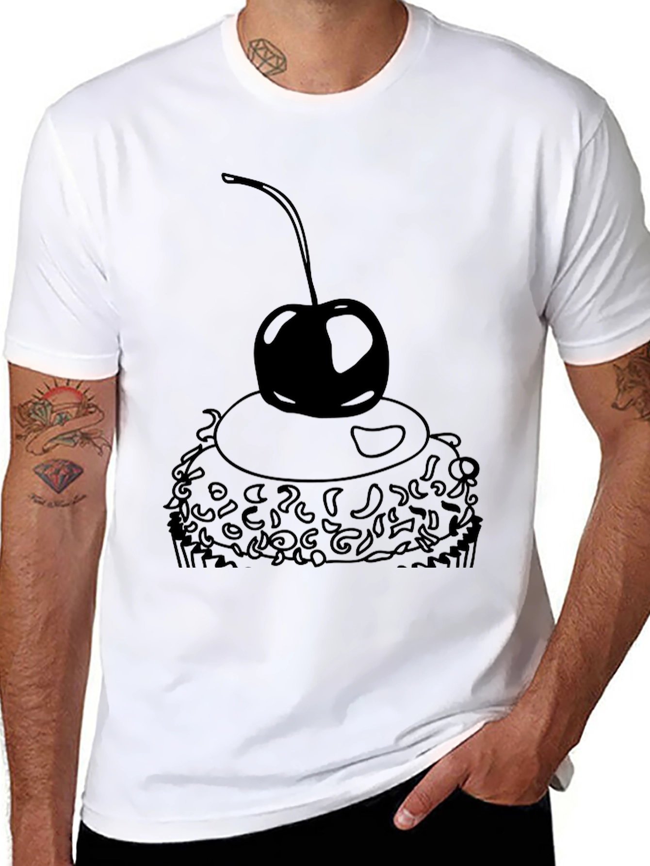 Black T-Shirt with Cupcake and Cherry Design