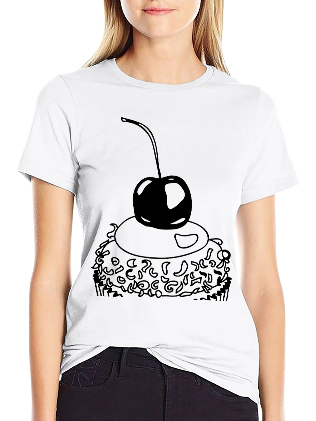 Black T-Shirt with Cupcake and Cherry Design