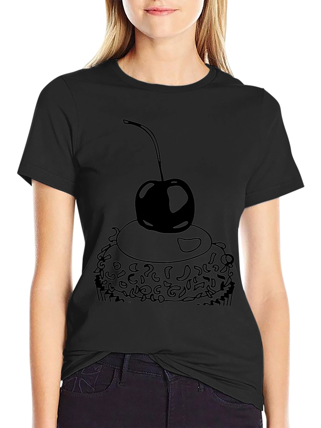 Black T-Shirt with Cupcake and Cherry Design