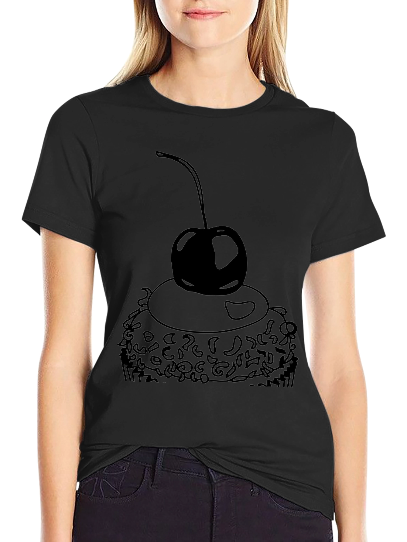 Black T-Shirt with Cupcake and Cherry Design