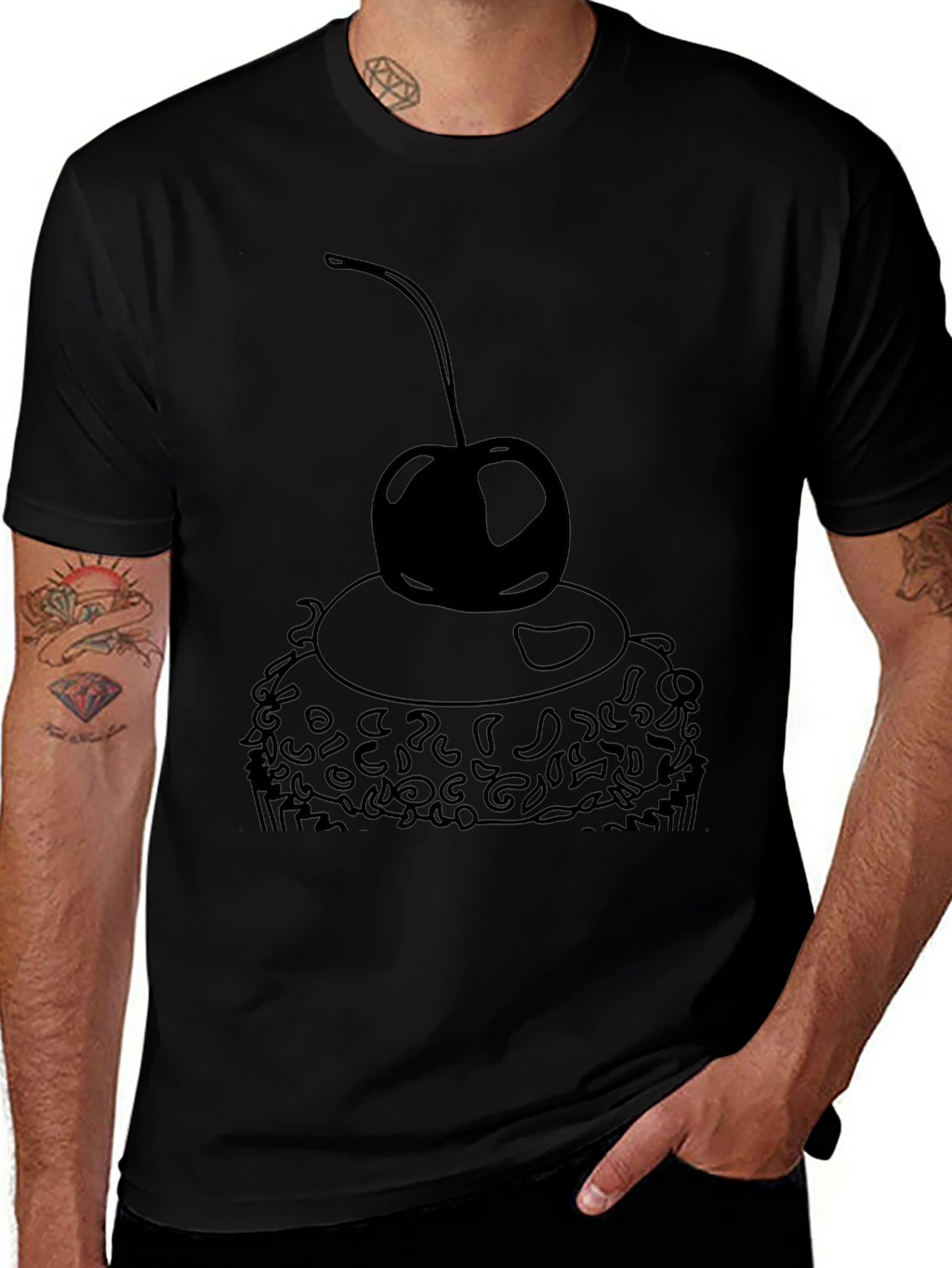 Black T-Shirt with Cupcake and Cherry Design