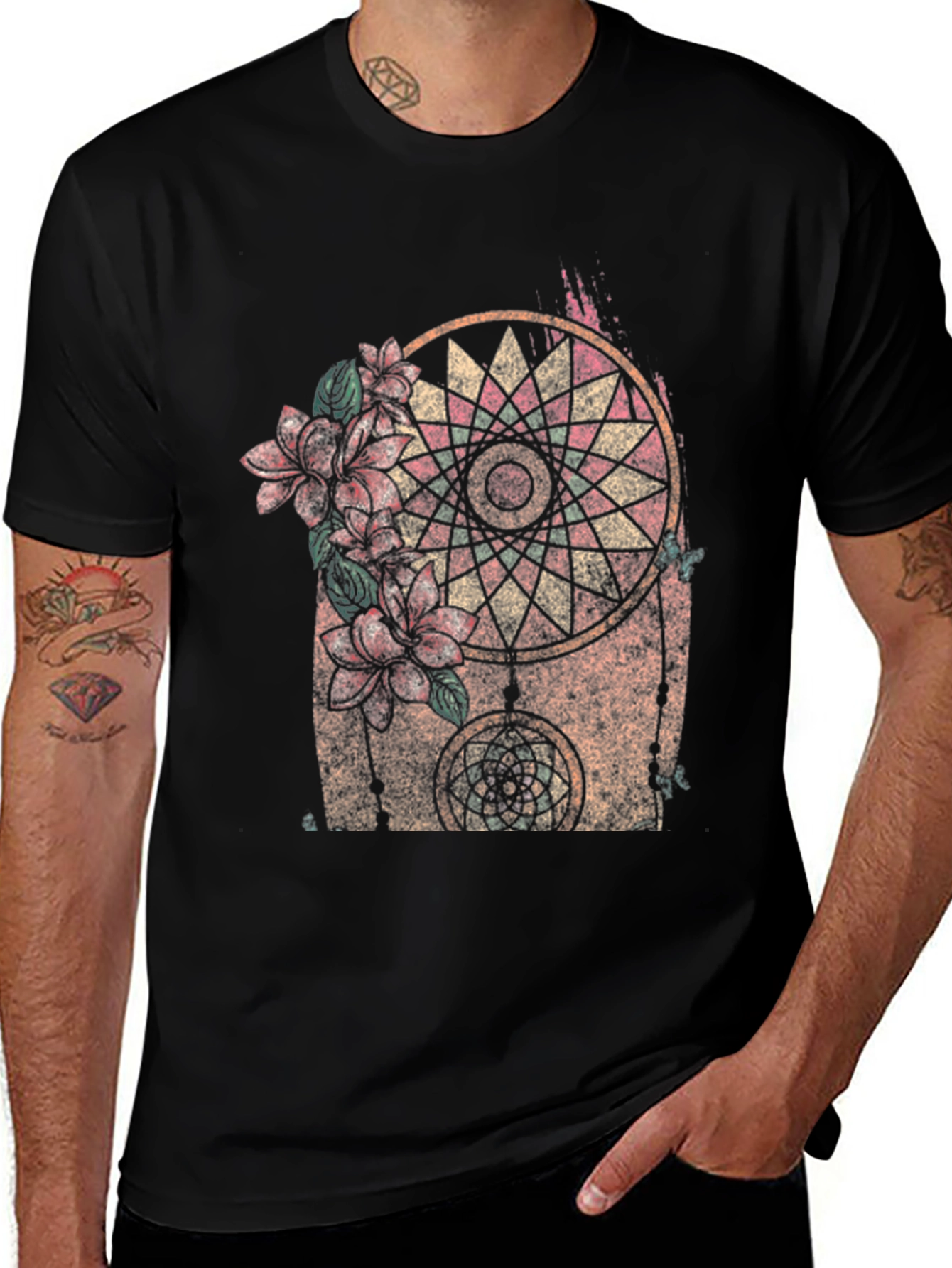 Dreamcatcher Floral Graphic Black T-Shirt