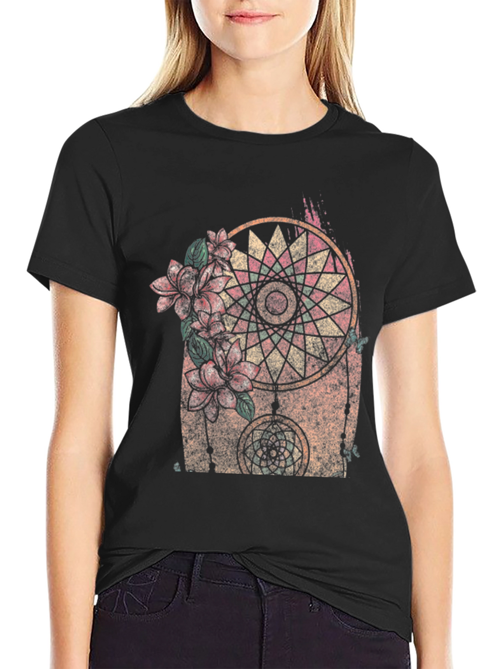 Dreamcatcher Floral Graphic Black T-Shirt