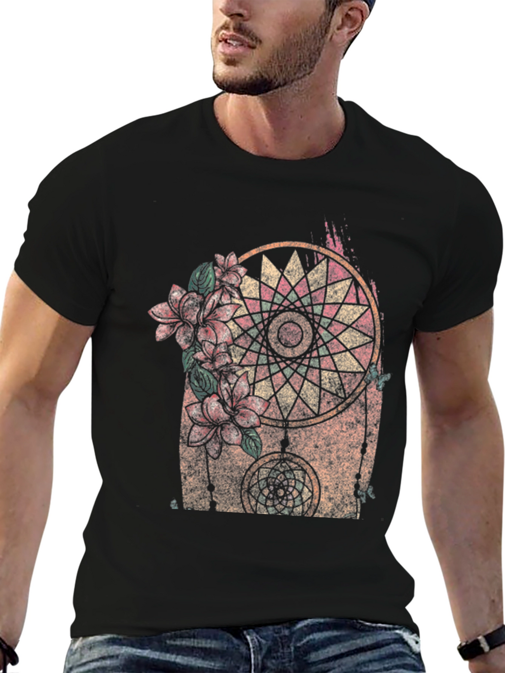 Dreamcatcher Floral Graphic Black T-Shirt