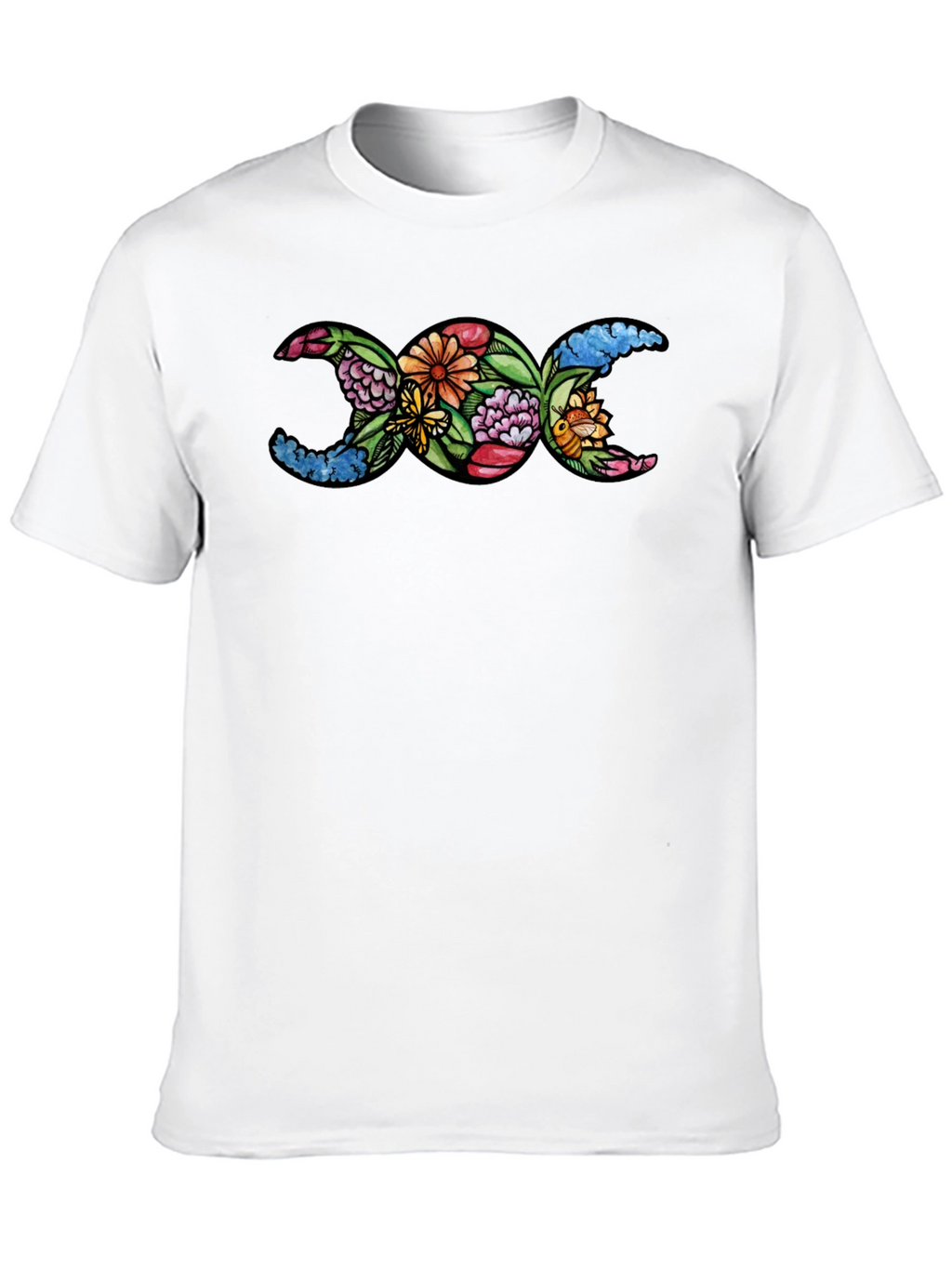 Floral Triple Moon Goddess T-Shirt - Black