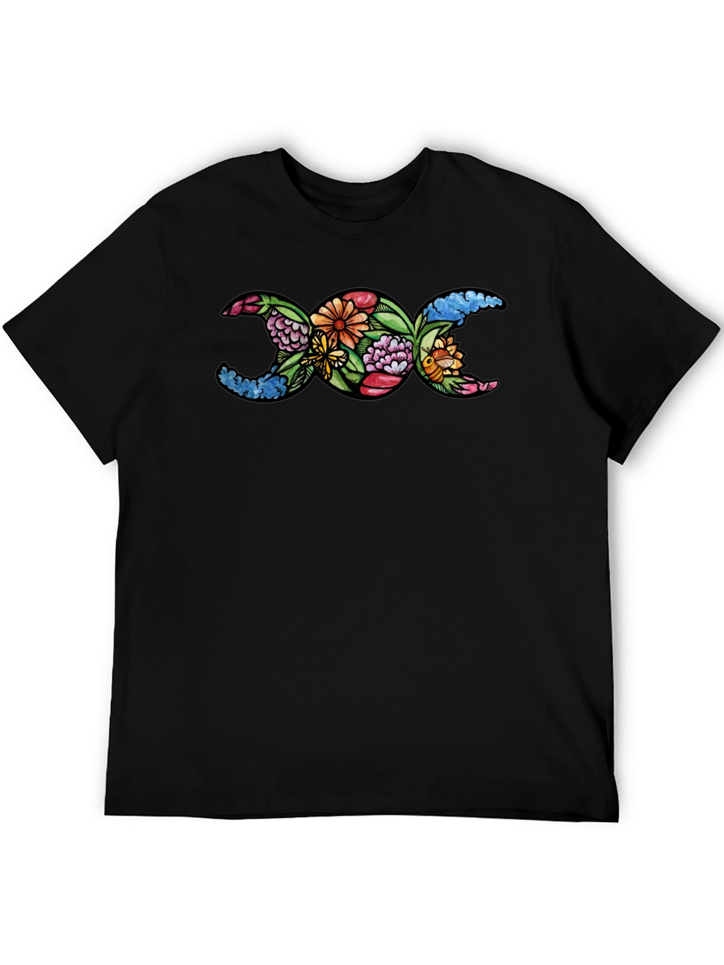 Floral Triple Moon Goddess T-Shirt - Black