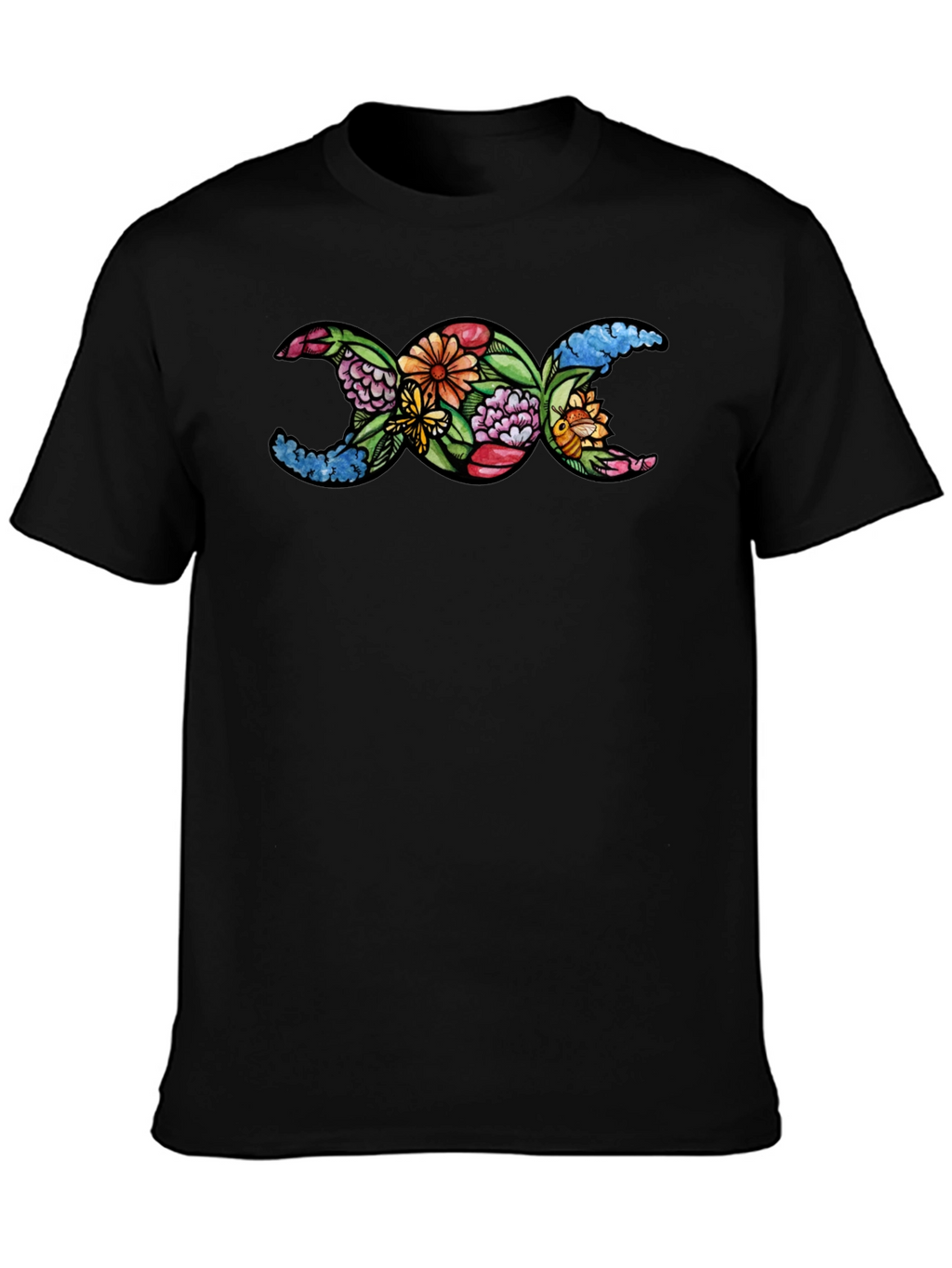 Floral Triple Moon Goddess T-Shirt - Black