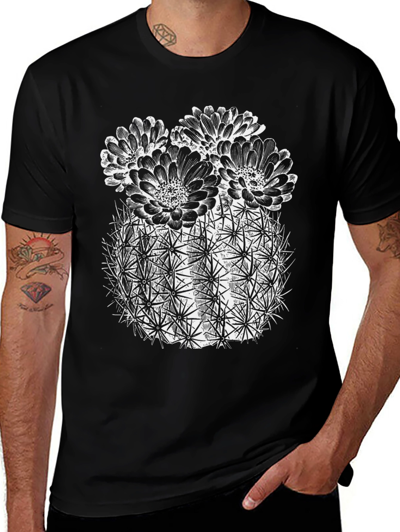 Cactus Flower Graphic Tee - Black Cotton T-Shirt