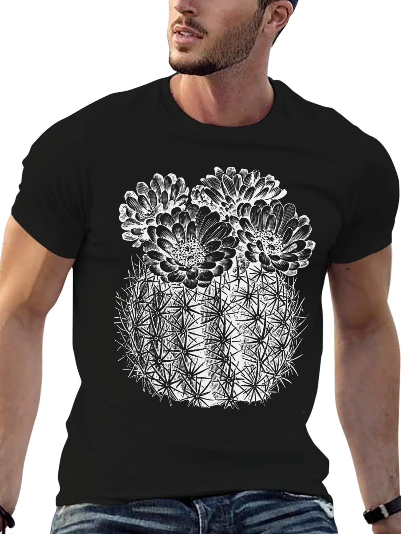 Cactus Flower Graphic Tee - Black Cotton T-Shirt