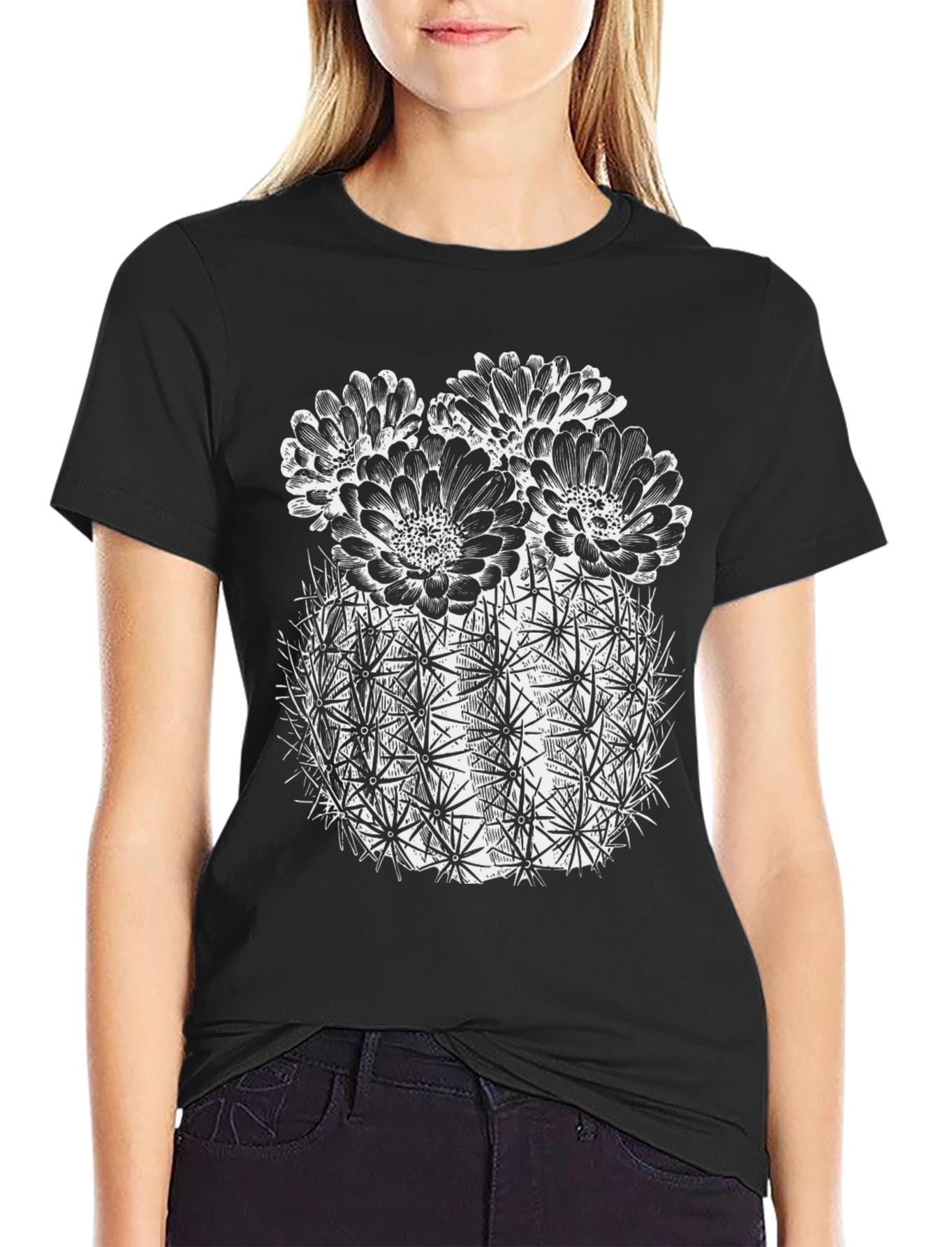 Cactus Flower Graphic Tee - Black Cotton T-Shirt