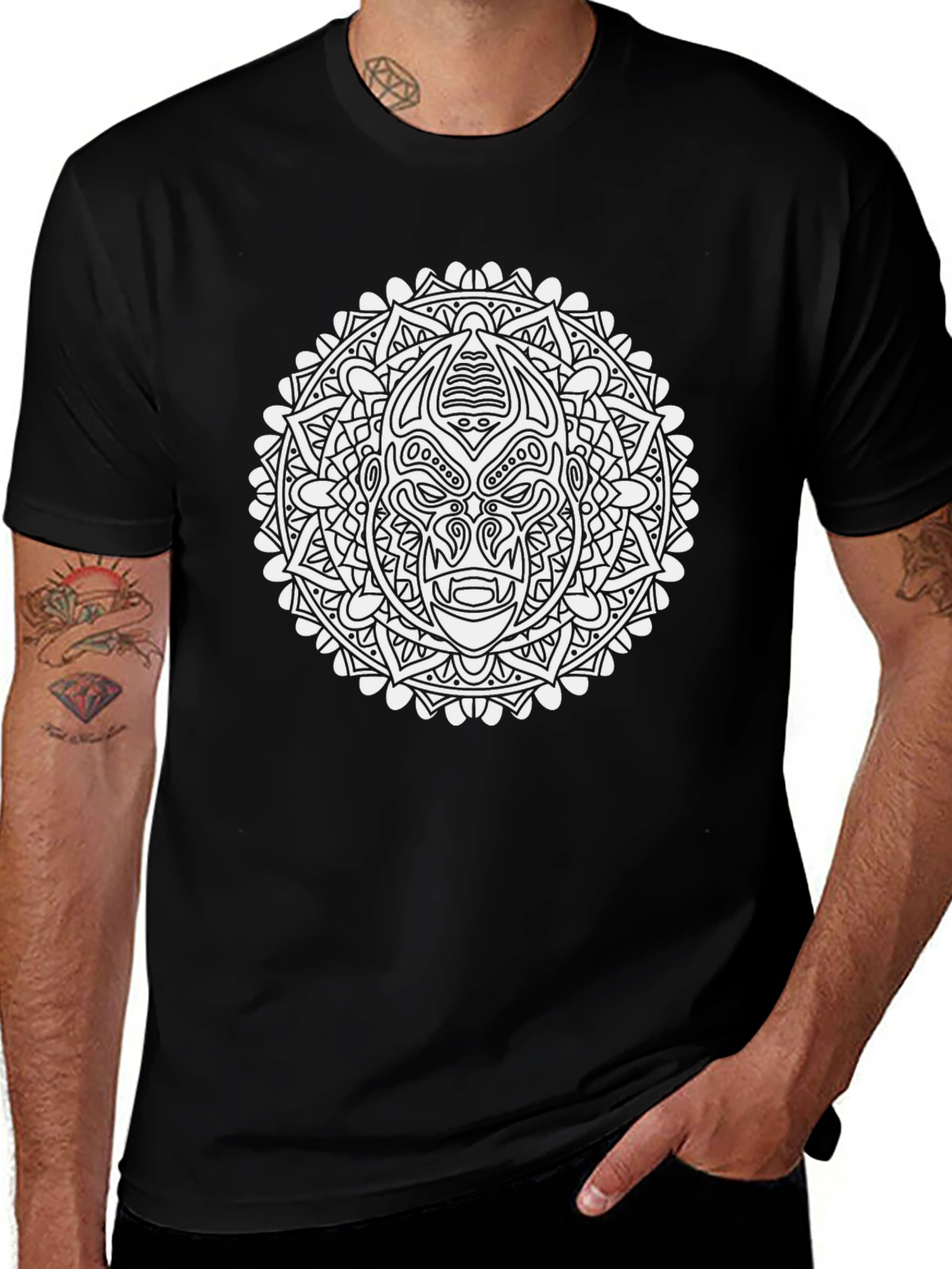 Graphic Print Black T-Shirt with Mandala Design