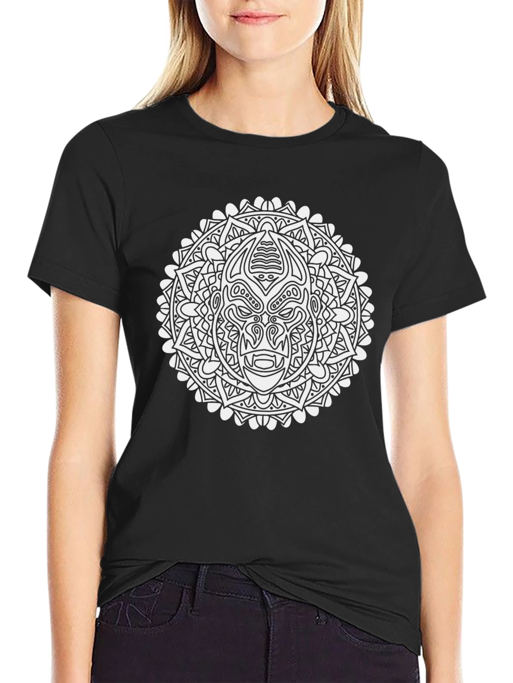 Graphic Print Black T-Shirt with Mandala Design