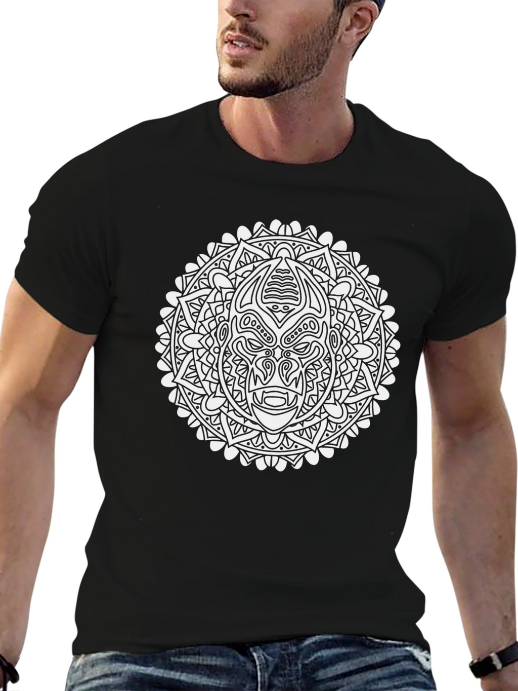 Graphic Print Black T-Shirt with Mandala Design