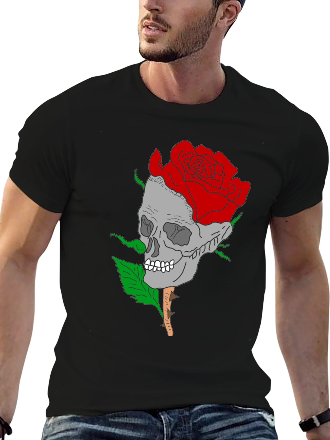 Skull Rose Graphic Tee - Gothic Style Mens Shirt