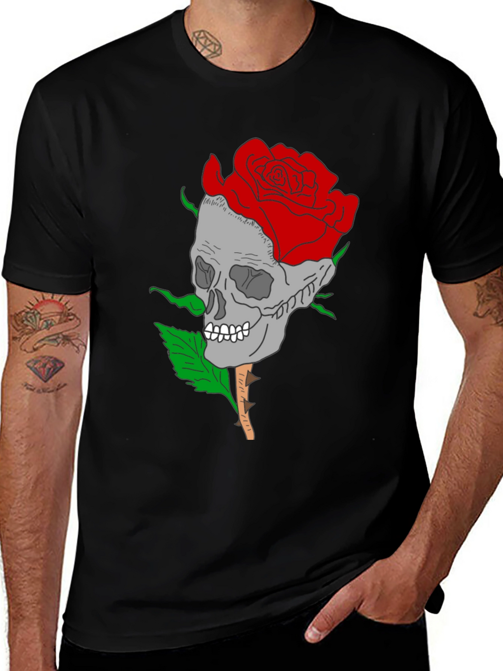 Skull Rose Graphic Tee - Gothic Style Mens Shirt
