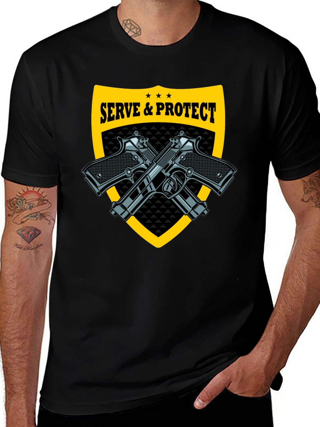 Serve & Protect Black T-Shirt with Gun Graphics