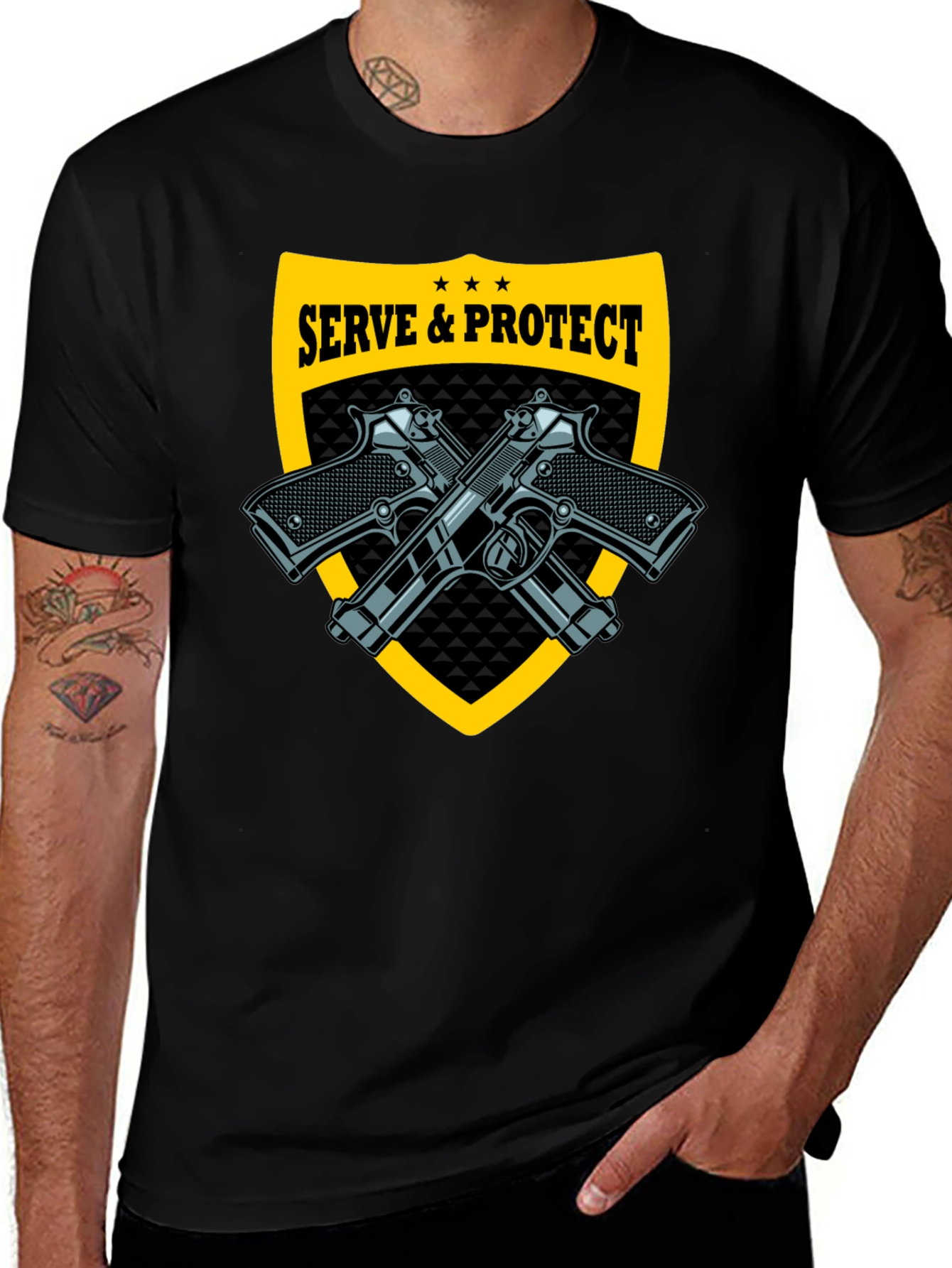 Serve & Protect Black T-Shirt with Gun Graphics