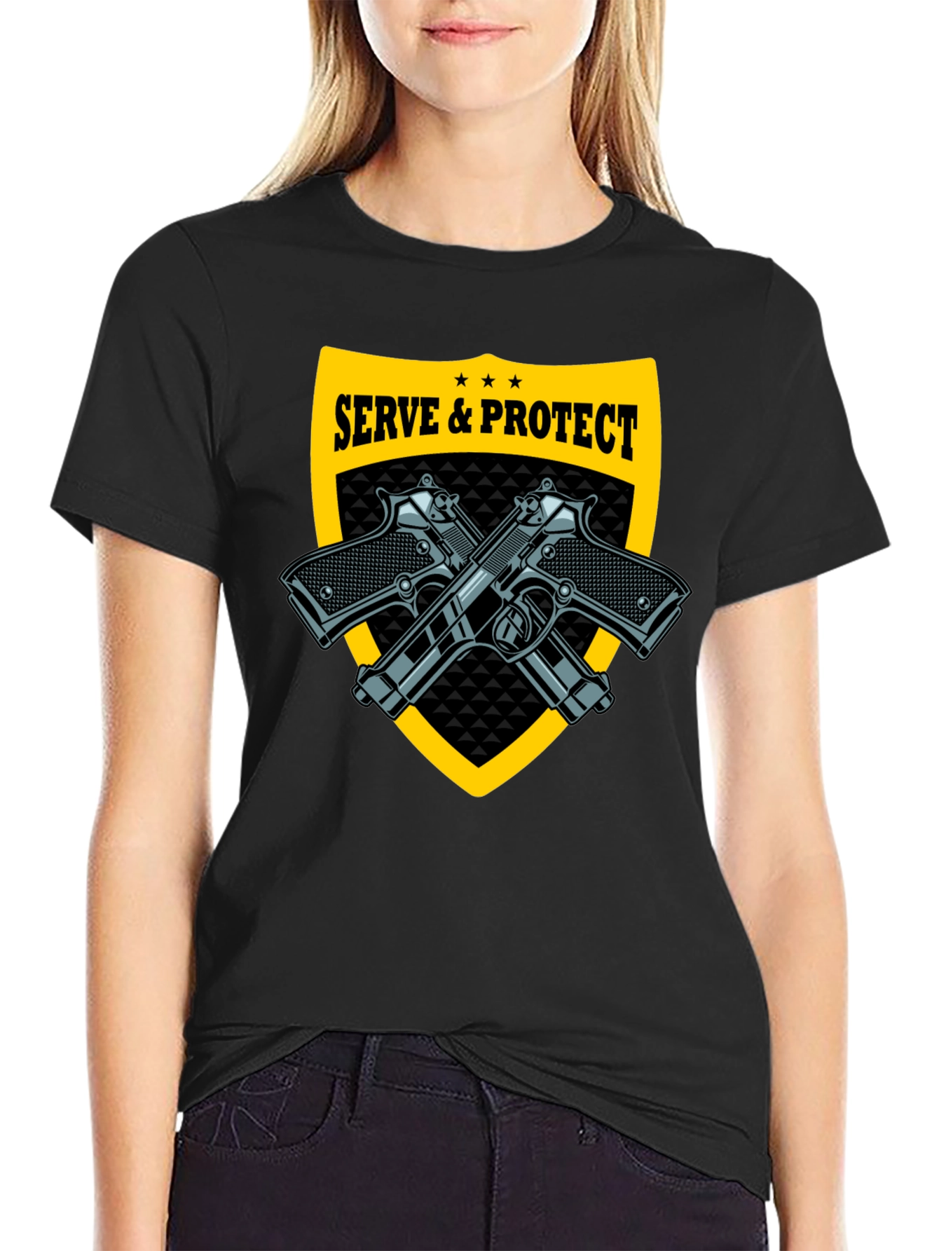 Serve & Protect Black T-Shirt with Gun Graphics