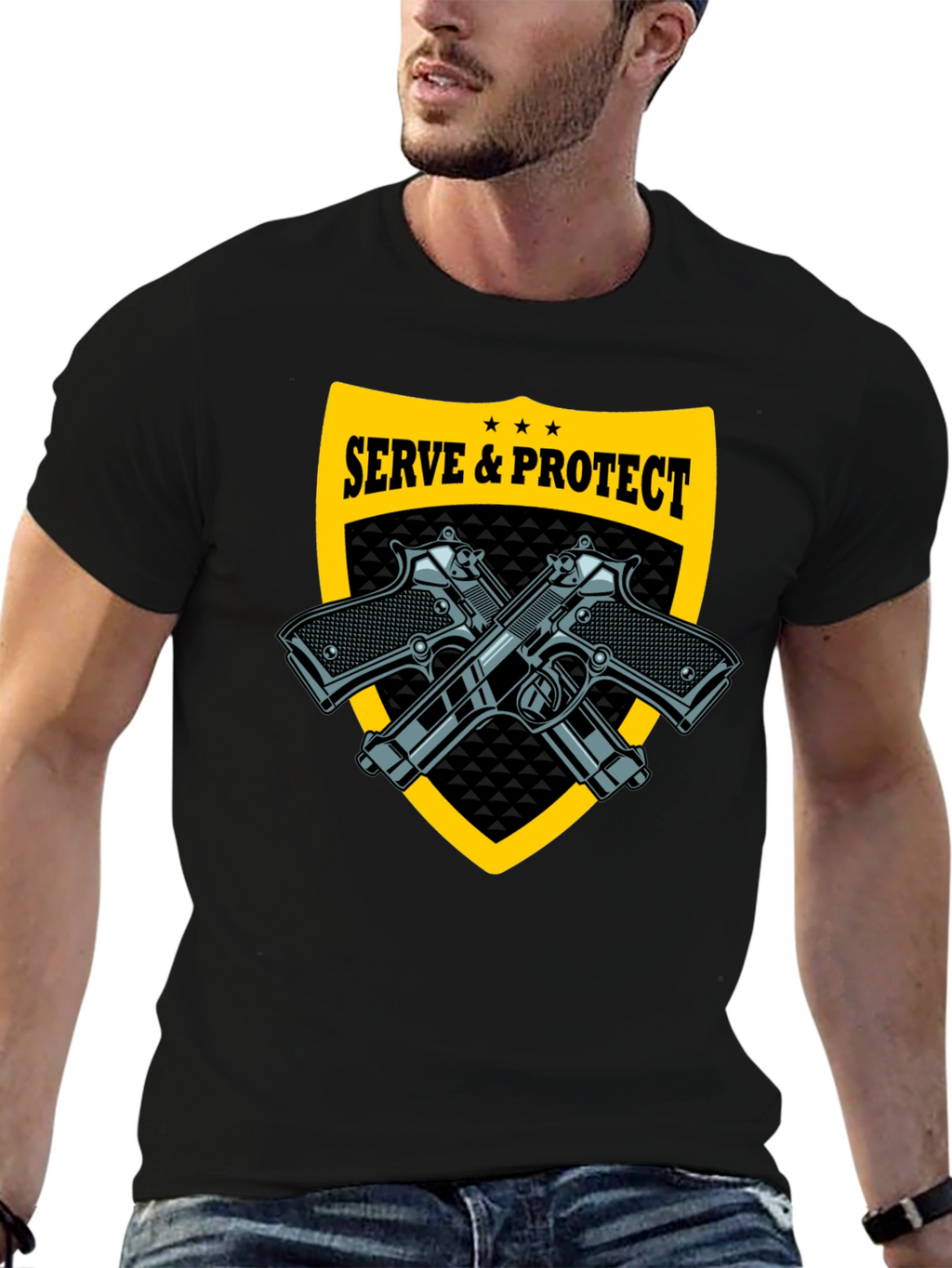 Serve & Protect Black T-Shirt with Gun Graphics