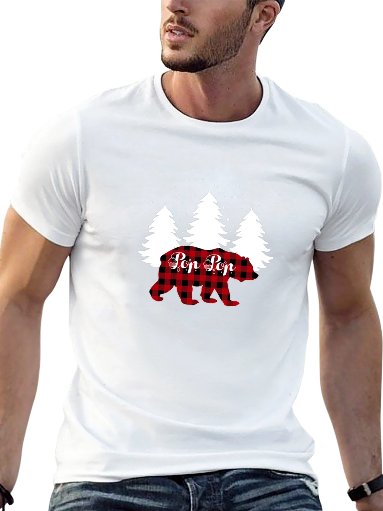 Pop Pop Bear Buffalo Plaid Christmas T-Shirt