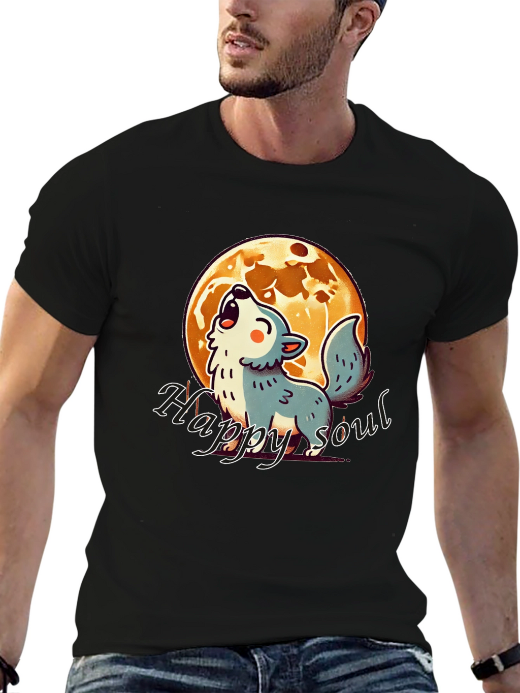 Happy Soul Wolf Moon Graphic T-Shirt - Black
