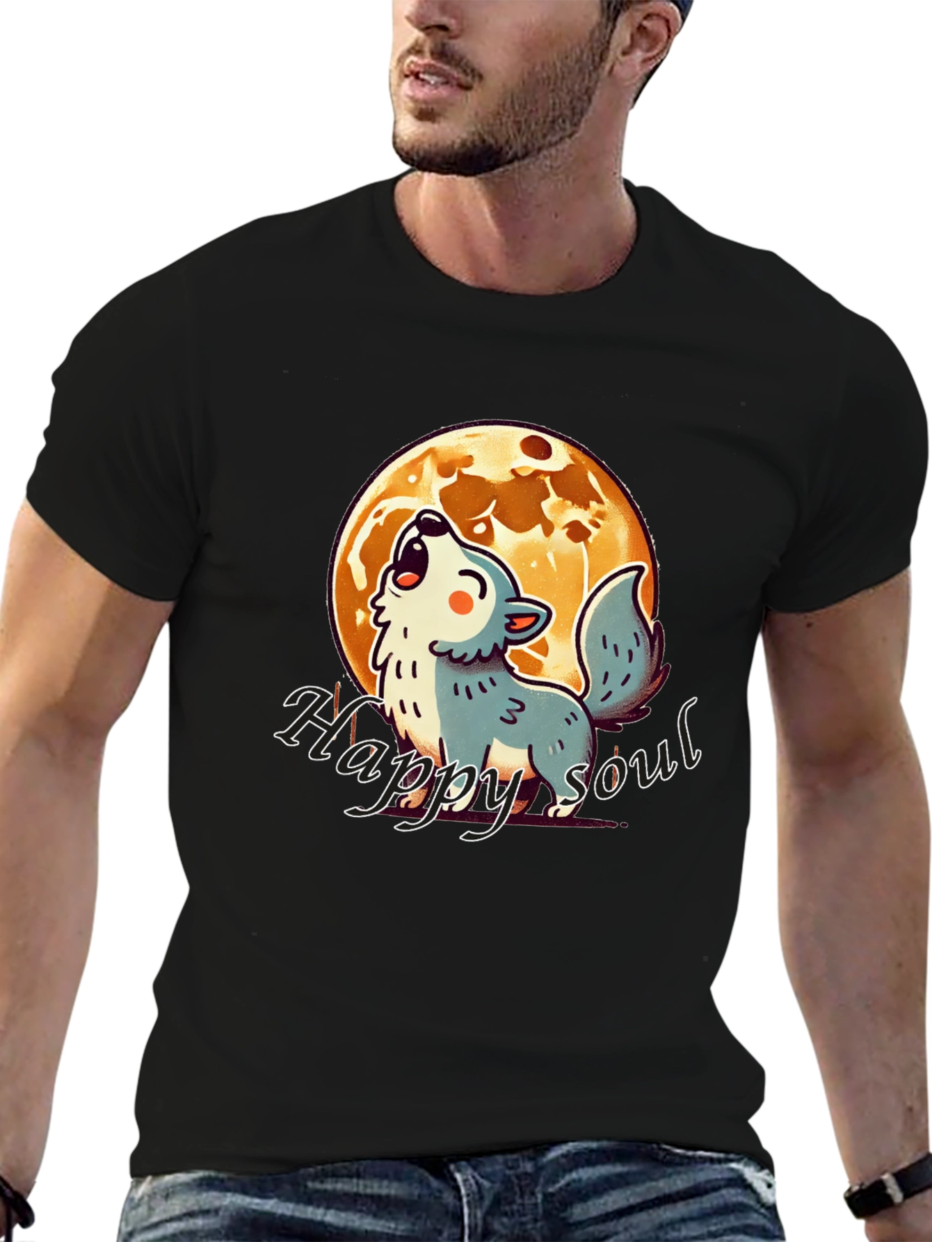 Happy Soul Wolf Moon Graphic T-Shirt - Black