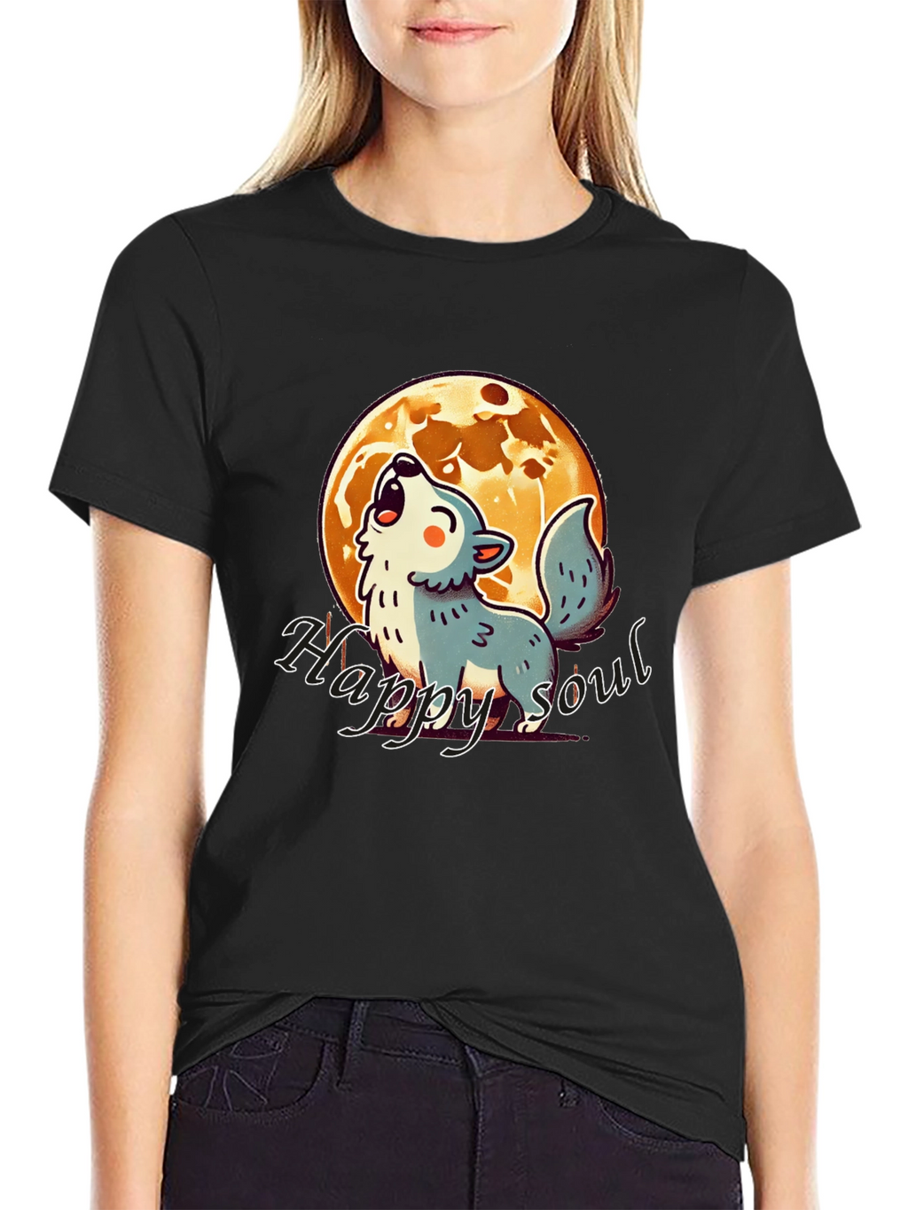 Happy Soul Wolf Moon Graphic T-Shirt - Black