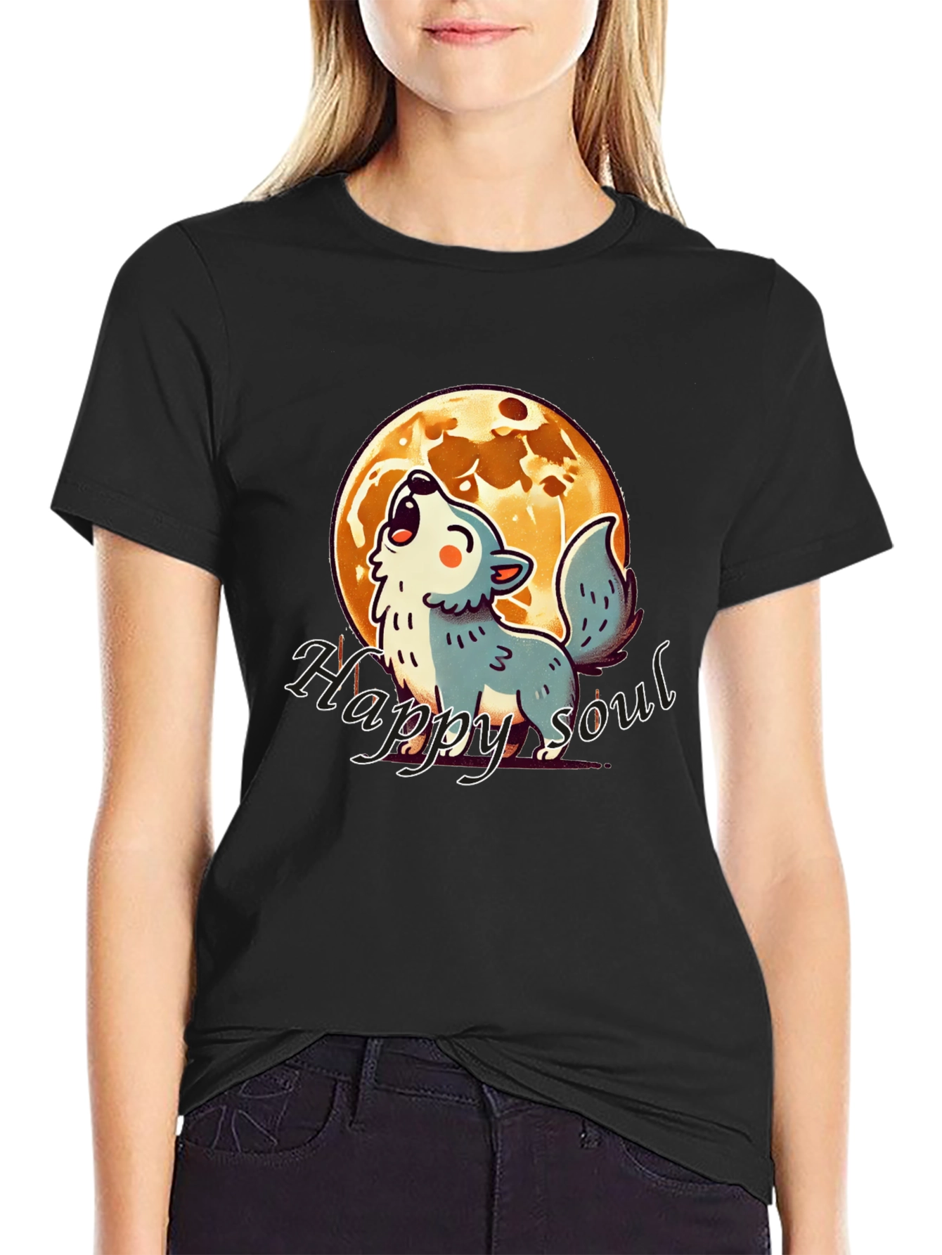 Happy Soul Wolf Moon Graphic T-Shirt - Black