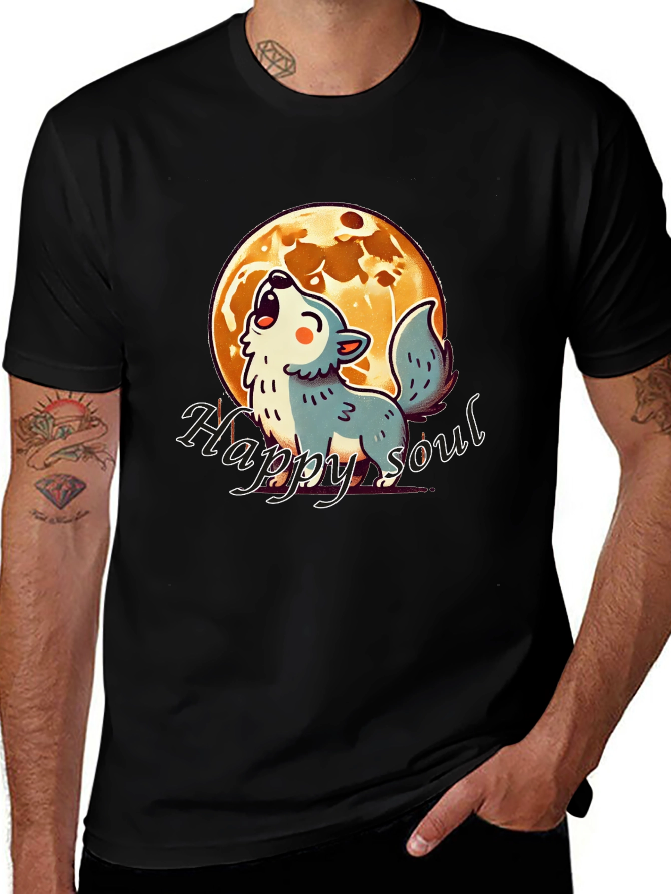 Happy Soul Wolf Moon Graphic T-Shirt - Black