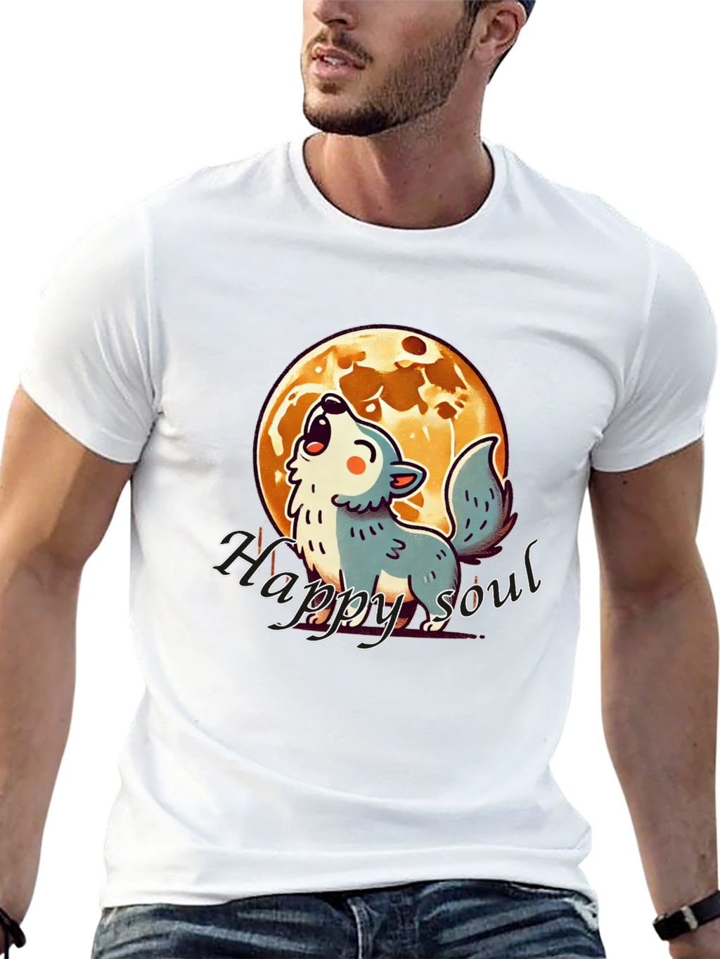 Happy Soul Wolf Moon Graphic T-Shirt - Black