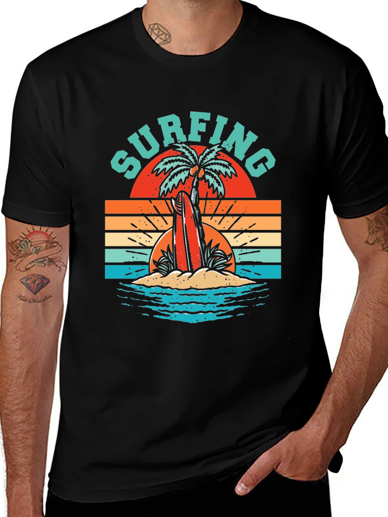 Retro Surfing T-Shirt - Palm Tree Beach Graphic Tee