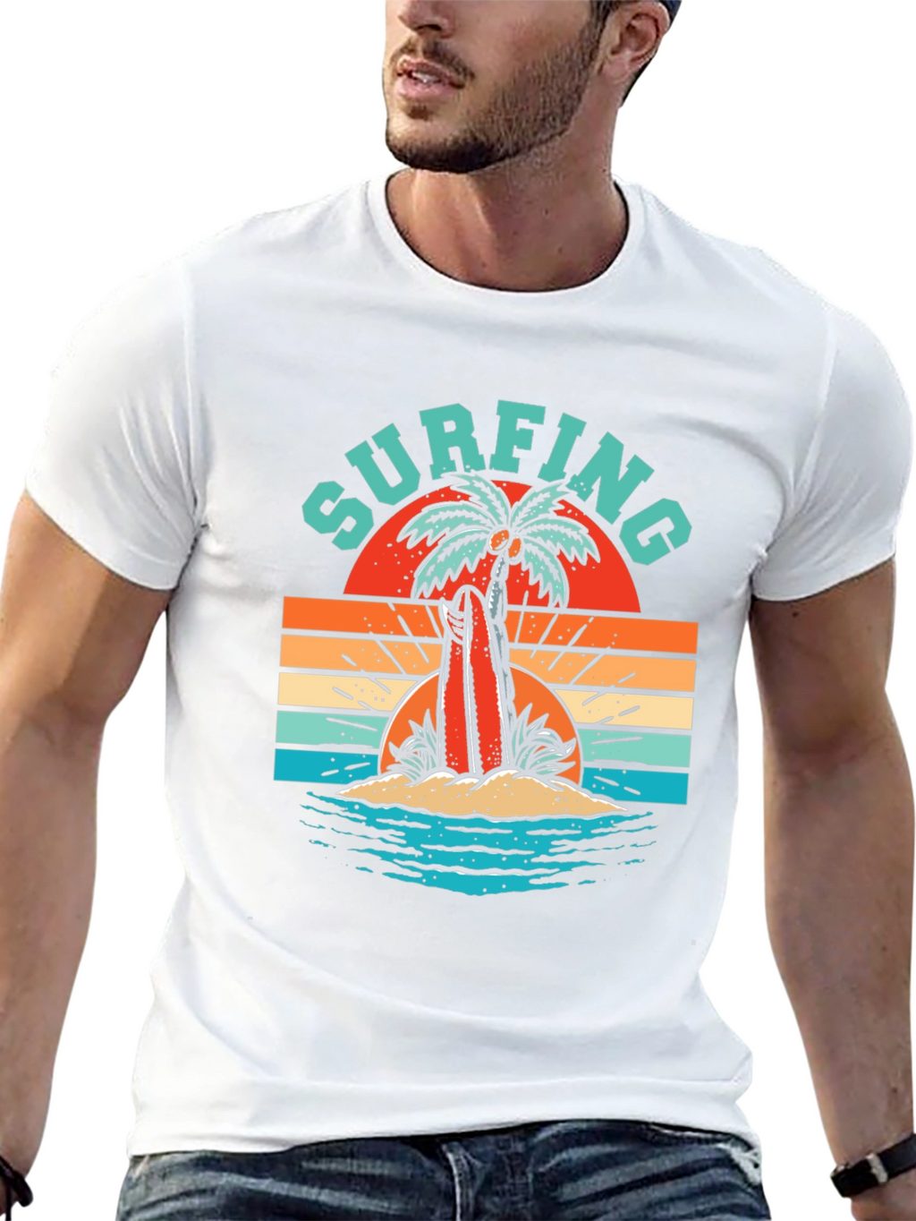 Retro Surfing T-Shirt - Palm Tree Beach Graphic Tee