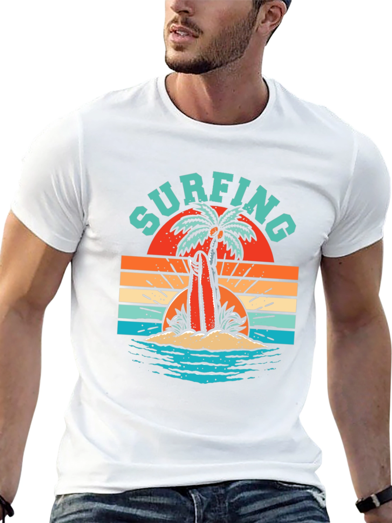 Retro Surfing T-Shirt - Palm Tree Beach Graphic Tee
