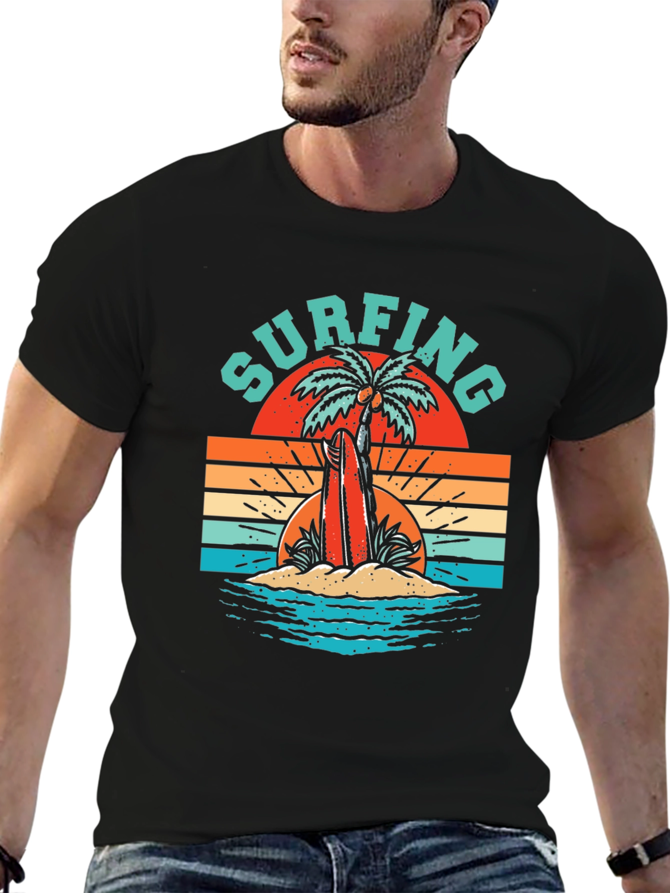 Retro Surfing T-Shirt - Palm Tree Beach Graphic Tee