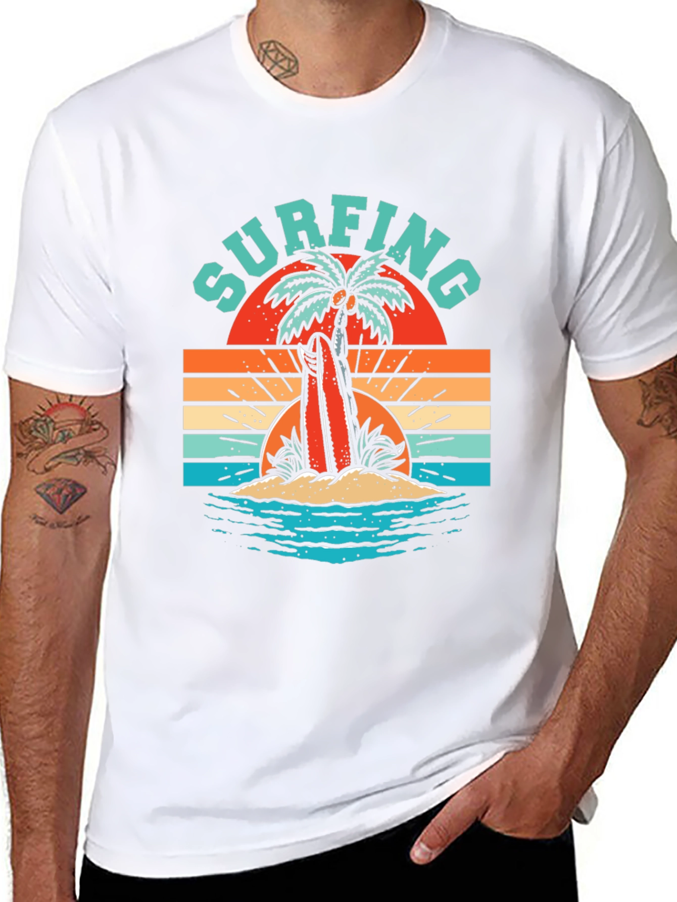 Retro Surfing T-Shirt - Palm Tree Beach Graphic Tee