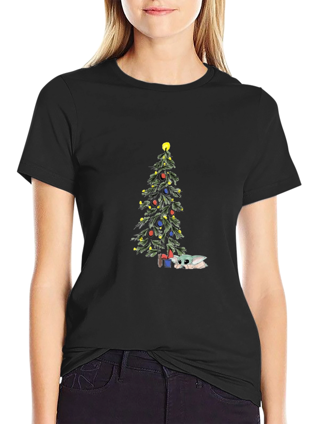 Christmas Baby Yoda Tree Black Tee