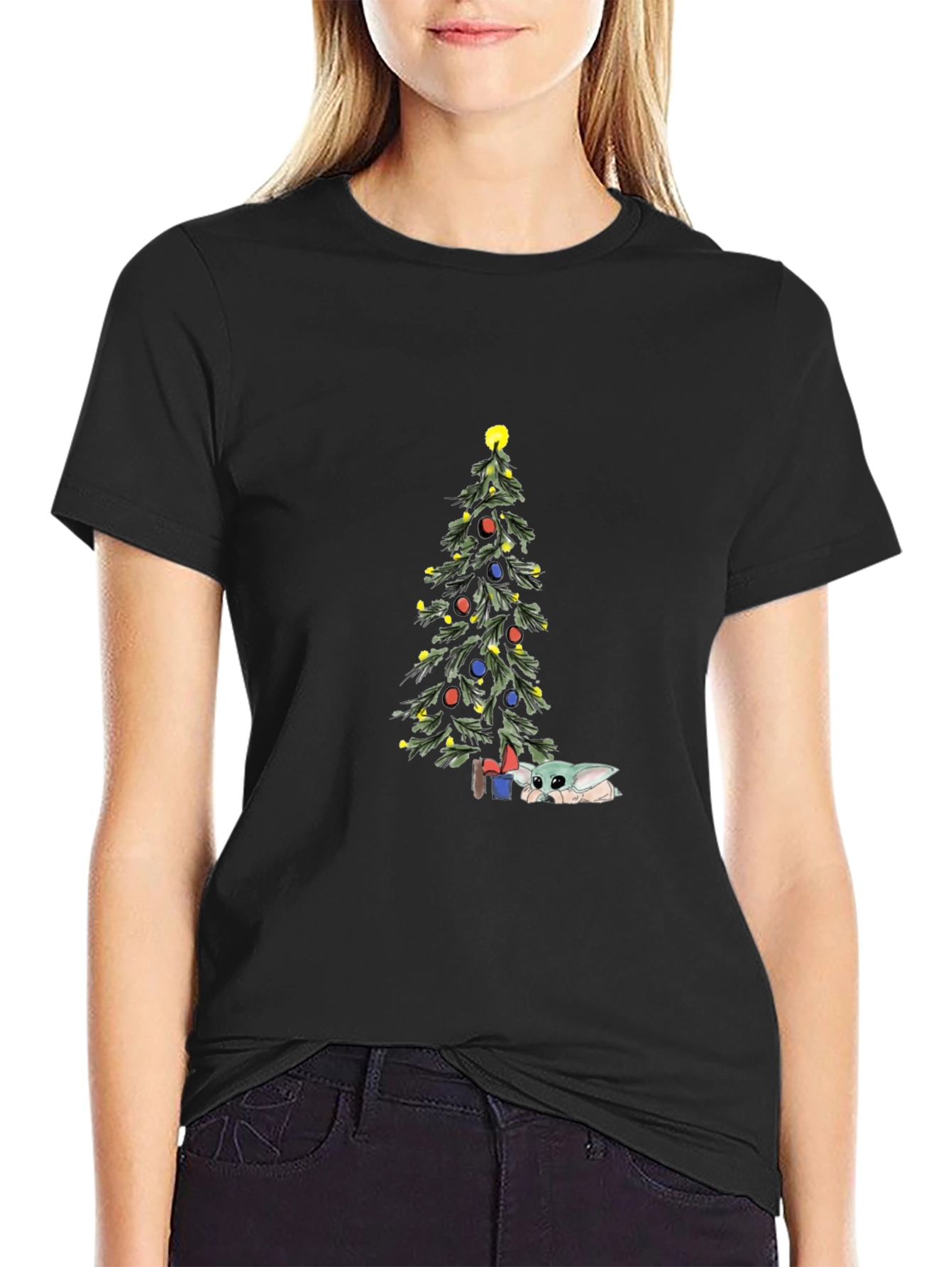 Christmas Baby Yoda Tree Black Tee
