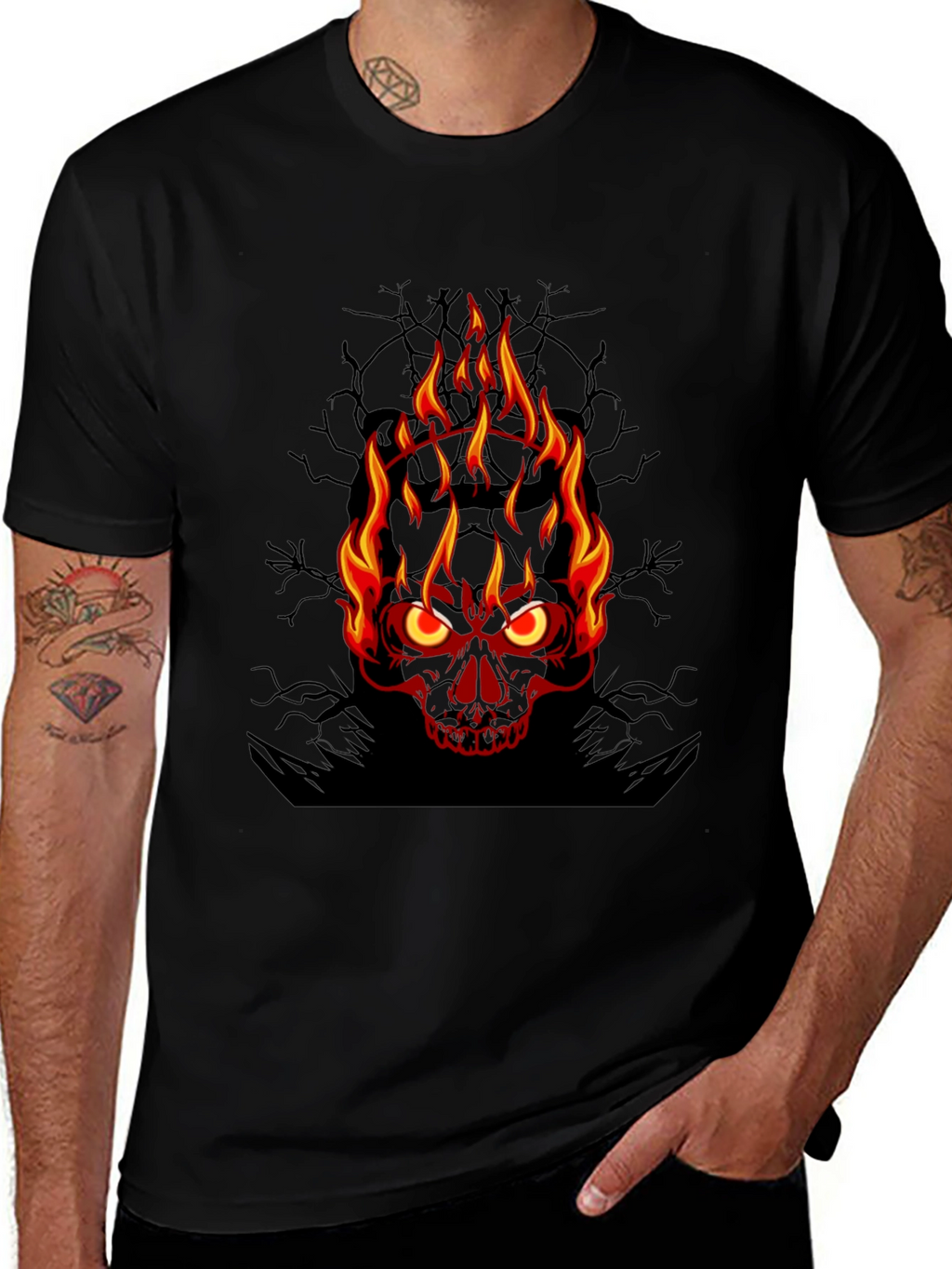 Flaming Skull Graphic Tee - Mens Black T-Shirt