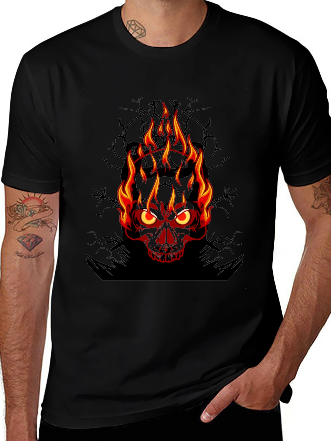 Flaming Skull Graphic Tee - Mens Black T-Shirt