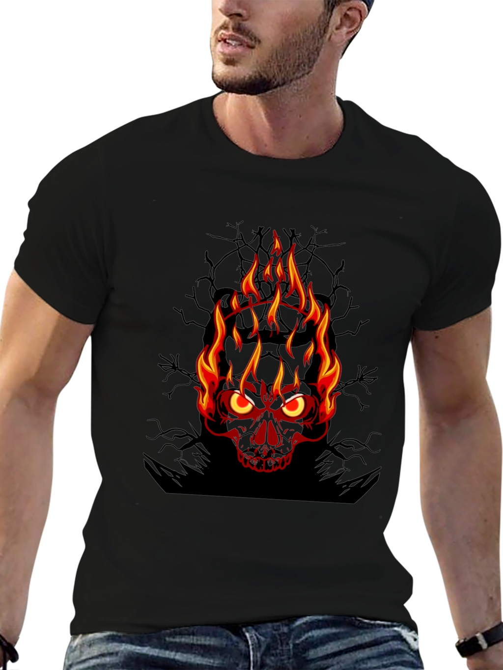 Flaming Skull Graphic Tee - Mens Black T-Shirt